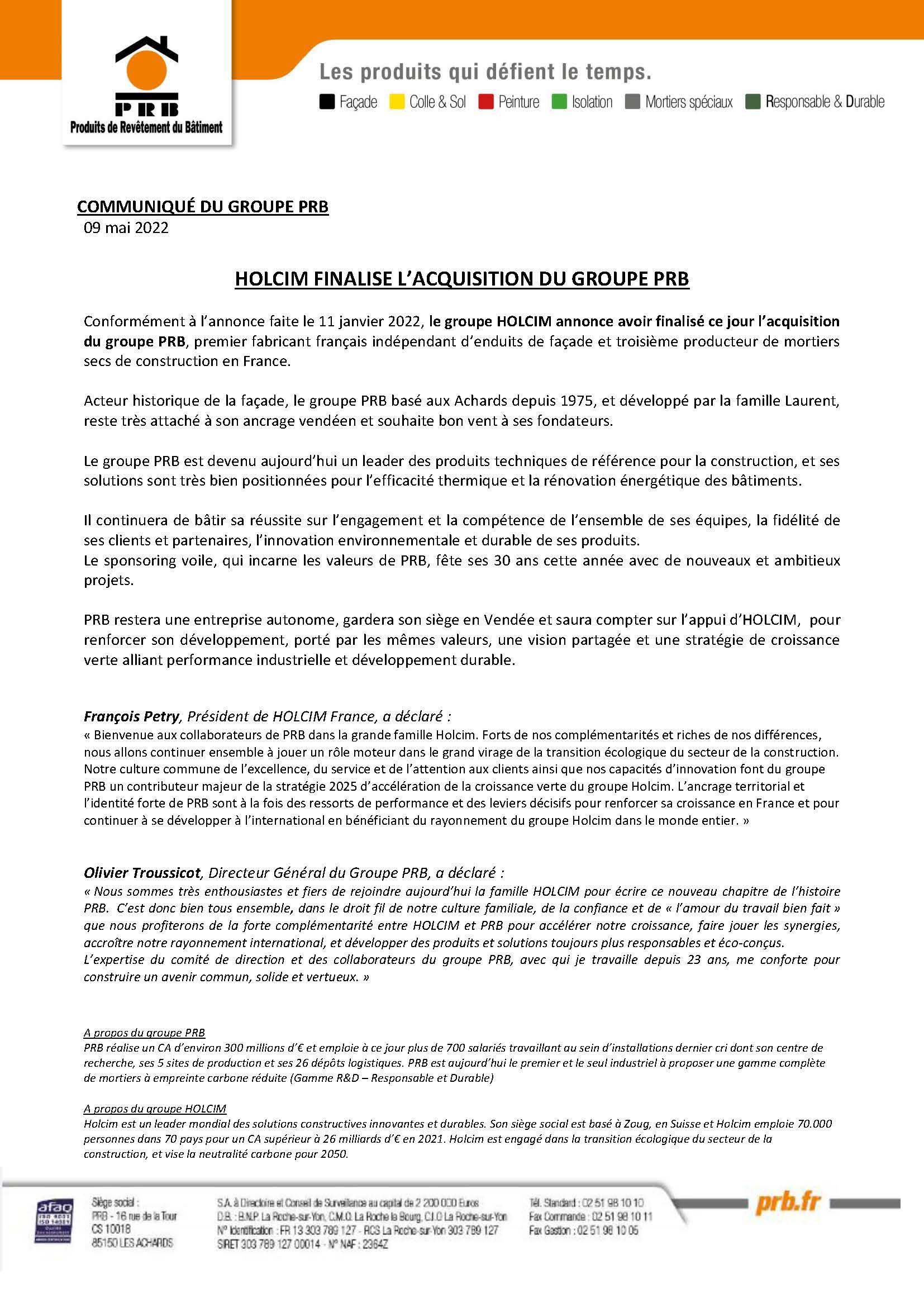 COMMUNIQUE DU GROUPE PRB