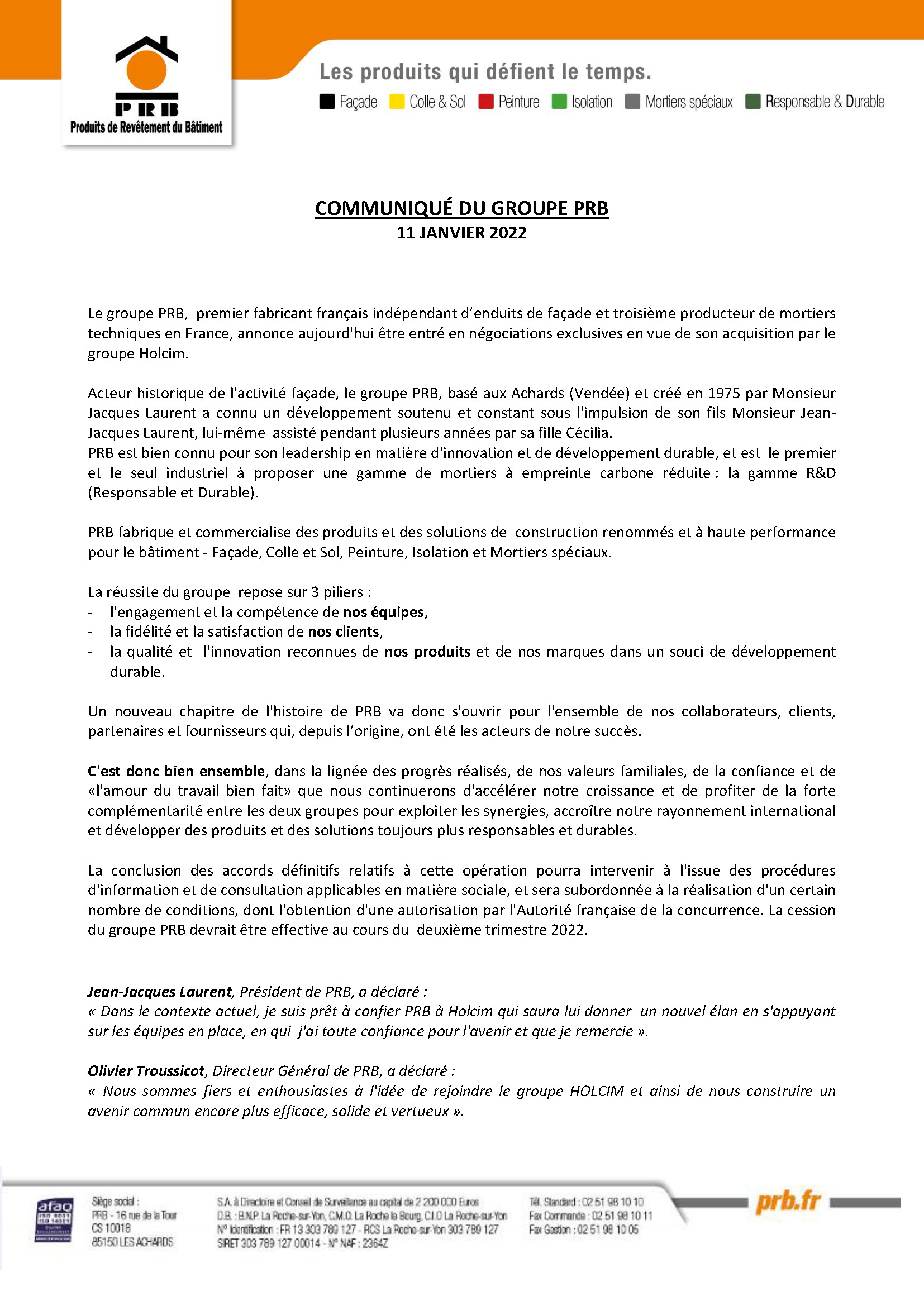 COMMUNIQUÉ DU GROUPE PRB 11 JANVIER 2022 Page 1